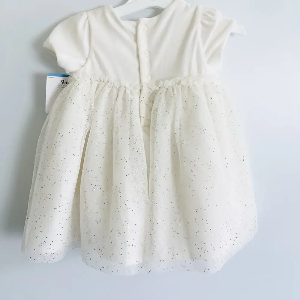 Baby Girls Carters Short Sleeve Off White‎ Sparkly Tulle Mesh Dress -9 Months